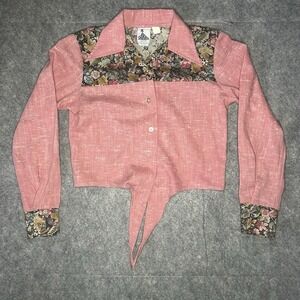 Vtg 70's Women's Xs Shirtery Crop Pink Tie Knot Floral Long Sleeve Button Up